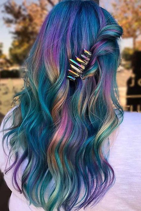 Oil Slick Hair Color, Oil Slick Hair, Slick Hair, Funky Hair, Galaxy Hair, Rainbow Hair Color, Coloured Hair, Hair For Women, Multicolored Hair