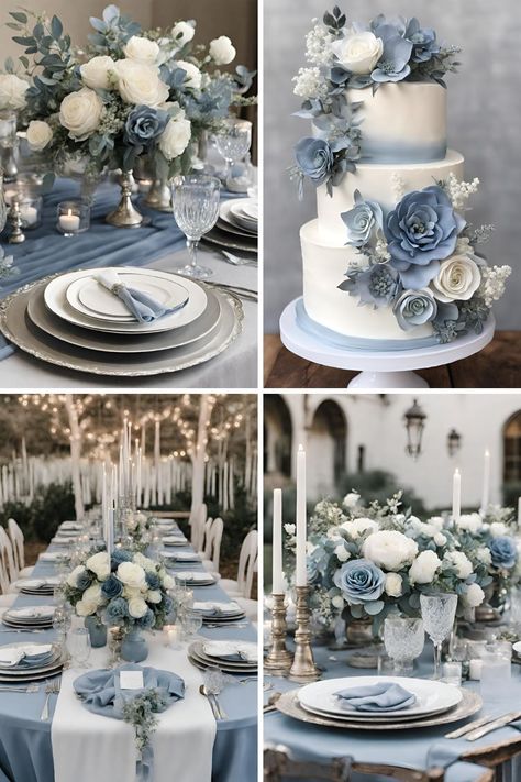 Dusty Blue and Silver Wedding Color Ideas: Beautiful Dusty Blue, Silver, and White Ideas - Francisca's Bridal Dusty Blue Event Decor, Gray Blue Wedding Colors, Powder Blue And Silver Wedding, White And Ice Blue Wedding, Ice Blue Wedding Flowers, Dusty Blue Winter Wedding Theme, Blue White Silver Wedding Decor, Dusty Blue Wedding Palette Color Schemes, Silver Blue Wedding Theme