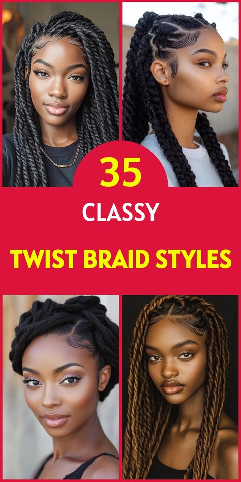 Transform your locks with 35 mesmerizing twist braid styles that combine elegance and edge! These innovative hairdos blend the timeless appeal of braids with the textural interest of twists, resulting in looks that are both classic and contemporary. Whether you're seeking a bold transformation or a subtle update, our selection of 35 twist braid styles offers endless inspiration for all hair types and lengths. Two Twist Braids Hairstyles, Braid Styles For Wedding, Twist Braids Hairstyles For Black Women, Crochet Twist Styles, Twist Braids Hairstyles, Expression Braids, Burgundy Box Braids, New Braided Hairstyles, Chunky Braids