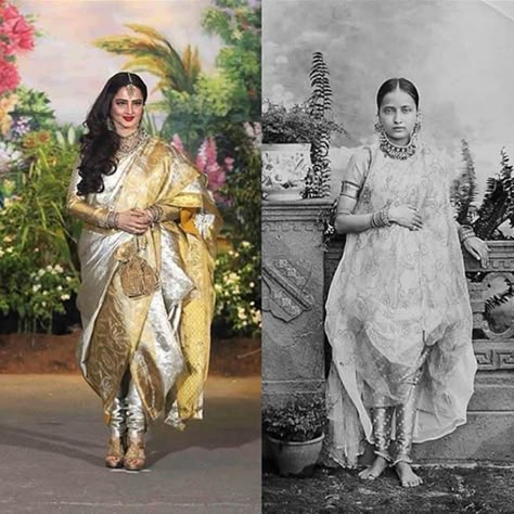 Seen in the pictures is a #Chaugoshiya form of draping a saree which is over 150 years old. It comprises of Chau or four garments - a choli (tight blouse), a Kurti (loose tunic) a tight pajama (pants) and a five meter khada dupatta that is draped in a special way. This style is native to the women of Nizams of #Hyderabad. On the left: Actress #rekha On the right: Queen of HRH Nizam VII, Hyderabad (19th century) Source: @lampglow 19th Century Fashion Women, Pant Sari, Sari Pose, Rekha Saree, India History, Rekha Actress, Indian Photos, Fashion Evolution, Sartorial Style