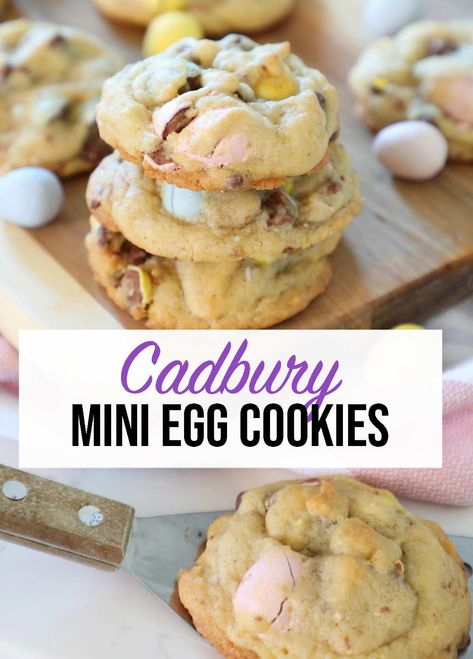 Cadbury Egg Cookies, Mini Egg Recipes, Cadbury Cookies, Cadbury Mini Egg Cookies, Mini Egg Cookies, Cadbury Mini Eggs, Mini Eggs Cookies, Easy Easter Treats, Egg Cookies