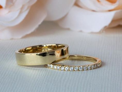 Men And Women Wedding Rings, Gold Wedding Band Sets His And Hers, Wedding Bands His And Hers Gold, Wedding Band Yellow Gold Women, Matching Gold Wedding Bands His And Hers, Matching Gold Wedding Bands, Gold Wedding Bands His And Hers, Minimalist Wedding Bands, Gold Rings Set