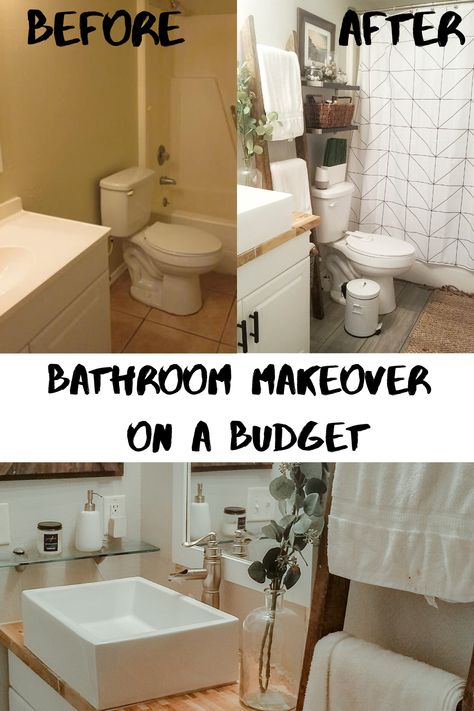 Remodel Your Bathroom WIthout Breaking the Wallet Using the Trendiest Home Decor Items- Read Blog at Flippin' Rustic Get the look Cheap Bathroom Makeover Before And After, How To Modernize Old Bathroom, Making Small Bathroom Look Bigger, Cheap Makeovers For House, Make A Small Bathroom Look Larger, Mini Bathroom Makeover, How To Make A Bathroom Look Bigger, Old Shower Makeover, Small Bathroom Style Ideas