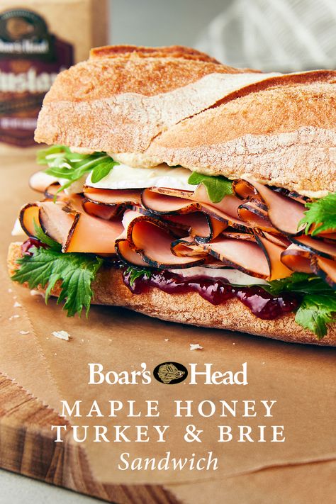 This Boar's Head® Maple Honey Turkey & Brie sandwich is stacked with everything you need to take a delicious moment to yourself. Fall Turkey Sandwiches, Turkey Pear Brie Sandwich, Boars Head Sandwich Recipes, Deli Sandwiches Ideas, Turkey Brie Sandwich, Brie Sandwich Recipes, Gourmet Sandwiches Recipes, Catering Dishes, Fall Sandwiches