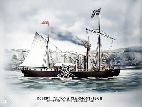 Robert Fulton began the first American steamboat trip, between Albany and New York, NY, on a boat later called the Clermont known as “Fulton’s Folly.” The first Albany–to–New York trip took 32 hours to travel the 150-mile course. Robert Fulton, New York Trip, Today In History, The First Americans, On A Boat, Steam Boats, New York Travel, Sailing Ships, Genealogy