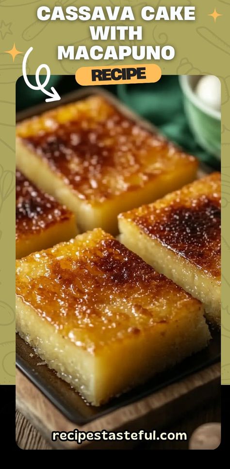 This Cassava Cake with Macapuno is a rich and delicious Filipino dessert that combines the earthy flavor of grated cassava with the sweet, coconut-infused topping. With a creamy base, a hint of sweetness, and the unique texture of macapuno, this cake is perfect for any special occasion or as a delightful treat to enjoy with family and friends. #CassavaCake #FilipinoDessert #MacapunoCake #CoconutCake #SweetDesserts #TropicalDesserts #Cassava Macapuno Recipe, Cassava Cake Recipe Filipino, Casava Cake Recipe, Cassava Cake Recipe, Cassava Recipe, Filipino Dessert Recipes, Cassava Cake, Filipino Food Dessert, Tropical Desserts