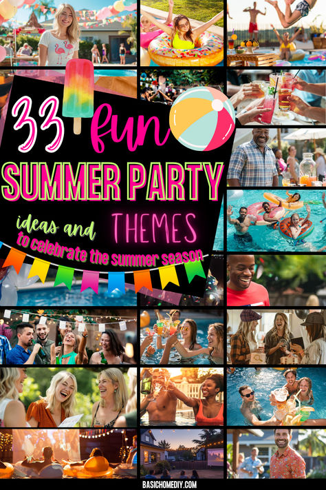 Discover 33 fun summer party ideas and themes for a fantastic backyard celebration. From party outfit ideas and delicious food for a crowd to stunning party decorations and invitations, you'll love these backyard summer party ideas for adults or kids. Find party decor tips for popular themes like a pool party, wild west party theme ideas, lemonade party, backyard BBQ, camp party, wine party, garden party, beach themed party, coastal grandmother-themed party, Hawaiian luau, and pizza party. Pool Party Theme Ideas Adults, Family Party Themes, Beach Party Ideas For Adults, Summer Party Themes For Adults, Summer Party Ideas, Summer Theme Party, Wild West Party Theme, Luau Party Food, Beach Party Outfits