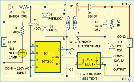 Simple 1A, 12V SMPS | Full Circuit Diagram with Explanation Analog Electronics, Arduino Projects Diy, Switched Mode Power Supply, Power Supply Circuit, Electronic Projects, Data Visualization Design, Hobby Electronics, Electronic Circuit Projects, Electrolytic Capacitor