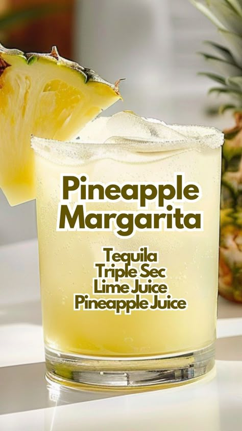 The Pineapple Margarita is a sweet, tangy cocktail that blends pineapple juice, lime juice, orange liqueur, and tequila. This tropical drink is a smooth twist on the traditional margarita, perfect for bringing a taste of refreshment. #pineapplemargarita Orange Drink Recipes, Pineapple Juice Cocktails, Mixed Drinks Alcoholic, Pineapple Margarita Recipe, Tequila Mixed Drinks, Tequila Drinks Recipes, Summer Drinks Alcohol Recipes, Bartender Drinks Recipes, Pineapple Drink