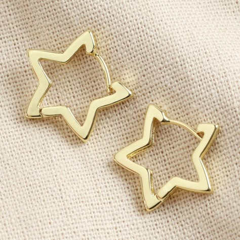 A pair of star hoop earrings.  	18ct gold plated brass.  	Gold plated sterling silver posts.  	Hinged opening.     Product Information    A pair of ladies' hoop earrings shaped like stars, wonderful for adding a golden finishing touch to your look. Made from 18ct gold plated brass, these earrings open by pulling them gently apart at the top, opening them via the hinge at the bottom to reveal the 18ct gold sterling silver posts. Hoop Earrings Diy, Star Hoop Earrings, Lisa Angel, Preppy Jewelry, Jewelry Essentials, Jewelry Lookbook, Star Jewelry, Earring Crafts, Bead Leather