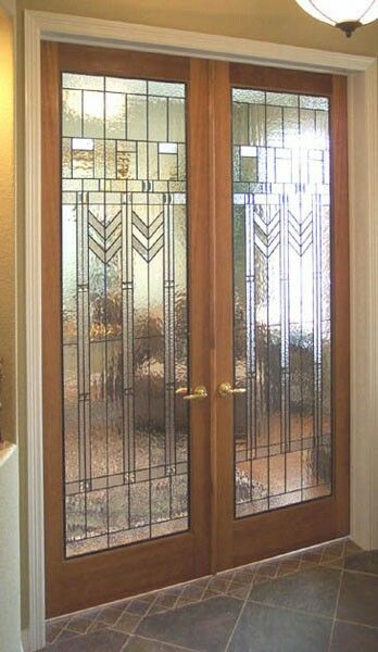 Frank Lloyd Wright door design Frank Lloyd Wright Stained Glass, Art Deco Stained Glass, Glass Door Design, Stained Glass Door, Custom Stained Glass, Style Deco, French Doors Interior, Stained Glass Panels, French Door