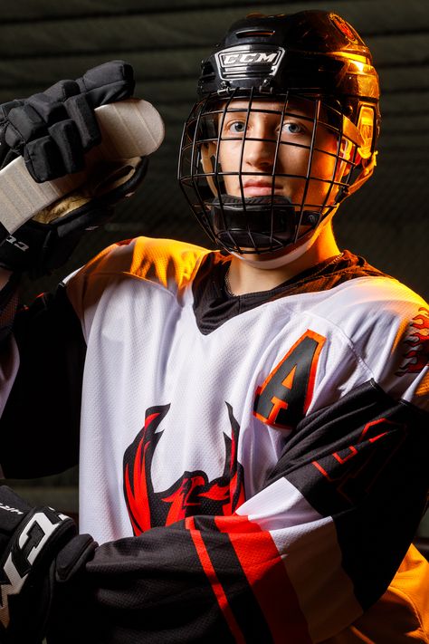 Creative high school senior portrait using colored light gels and featuring his favorite sport, ice hockey. Hockey Photography Poses, Ice Hockey Photography, Hockey Portraits, Hockey Senior Pictures, Hockey Photography, Hockey Shot, Hockey Photos, Team Pictures, High School Senior Portraits