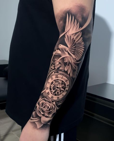 Forearm Tattoo Men Sleeve Family, Dove Sleeve Tattoo For Men, Family Tattoo Ideas For Men Arm, Tato Minimal Hand, Upper Arm Sleeve Tattoos For Guys, Men’s Sleeve Tattoo, Tato Kecil Simple, Best Sleeve Tattoos For Women Beautiful, Tattoo Ideas For Men 2023