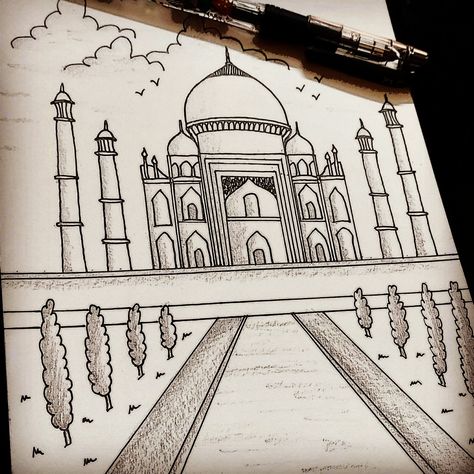 Taj Mahal drawing Black Colour Drawing, Taj Mahal Sketch Pencil, Taj Mahal Drawing Easy, Hawa Mahal Sketch, Taj Mahal Drawing, Simple Arts, Indian Drawing, Independence Day Drawing, Doodle Quotes