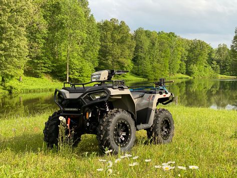 Polaris Sportsman 570 EPS desert sand mudlite xtr best mud tires system3 system 3 beadlocks wheels beadlock bead lock rims 14” 27” kolpin gun rack brush guard rear front winch kit pro HD 3500 pound synthetic rope rigid industries midnight edition pro 10 inch outdoors trail off-road offroad rugged can am Honda ATV bass fishing pond Atv Racks, Four Wheelers For Sale, Youth Atv, Polaris Sportsman 570, Fishing Pond, Polaris Atv, Armored Truck, 4 Wheelers, Rigid Industries