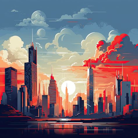 Modern City Skyline Cityscape Digital Art, City View Drawing, City Scape Illustration, Skyscraper Drawing, City Landscape Illustration, Skyscraper Illustration, City Skyline Drawing, City Vector Art, Red Capes