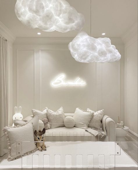 White Cloud Nursery, Cloud Baby Room Ideas, Baby Room Chandelier, Boujee Nursery, Dreamy Nursery Gender Neutral, Clouds Nursery Theme, Cloud Baby Nursery, Cloud Nursery Ideas, Nuetral Baby Room