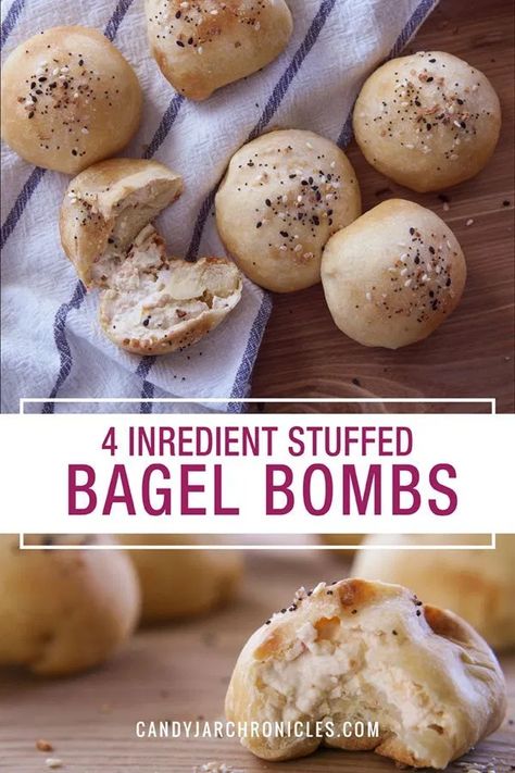 Four Ingredient Stuffed Bagel Bombs Flavoured Cream Cheese, Easy Quick Breakfast, Bagel Bites Recipe, Bagel Recipes, Cheese Bagels, Bagel Bites, Bagel Cream Cheese, Bombe Recipe, Homemade Bagels