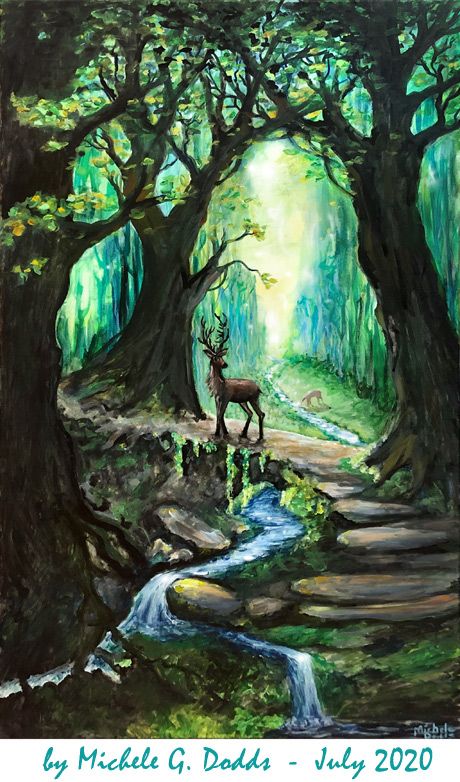 Deer in the Forest by Michele Dodds, July, 2020 Forest With Animals Painting, Nature And Wildlife Painting, Woodland Scene Painting, Nature And Wildlife Drawings, Forest Drawing Watercolour, Forest And Wildlife Drawing, Enchanted Forest Paintings, Whimsical Nature Art, Deer In Forest Painting