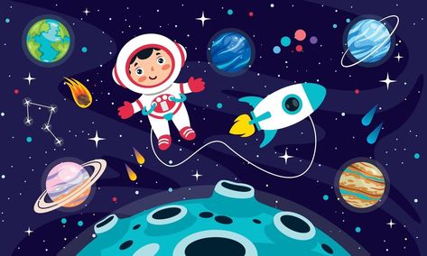 Space Background With Cartoon Character Blue Colour Wall, Science Doodles, Colour Wall, Space Kids, Science Icons, Science Illustration, Space Illustration, Colorful Space, Space Backgrounds