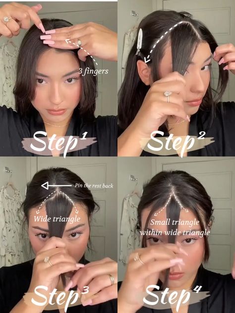 How to Cut Curtain Bangs ✂️ | Gallery posted by Katelynn 💗 | Lemon8 Cut Own Curtain Bangs, How To Create Curtain Bangs, Whispy Front Bangs Diy, Curtain Bangs Medium Hair Diy, Trim Curtain Bangs At Home, Curtain Bangs Vs Wispy Bangs, Cut Wispy Bangs Diy, How To Cut Your Own Wispy Bangs, How To Give Yourself Bangs