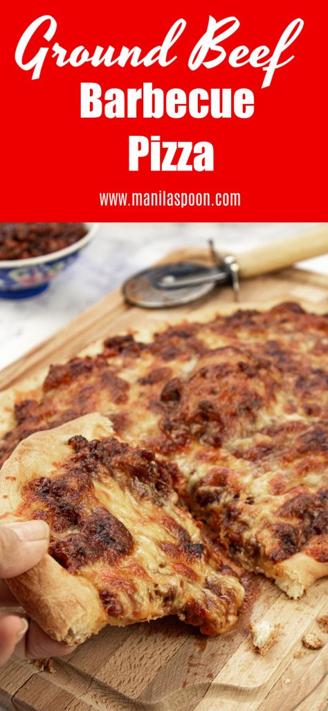 Takes but a few minutes to make this super tasty Ground Beef Barbecue Pizza! Tried and tested crowd-pleaser. Freezable – assuming there are left-overs. Cheeseburger Recipes, Barbecue Pizza, Beef Barbecue, Beef Pizza, Hamburger Pizza, Keto Pizza, Bbq Beef, Pizza Recipes Homemade, Deep Dish Pizza