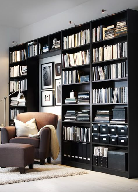 Pillar of society - News & Stories at STYLEPARK Black Bookcases, Black Bookshelf, Ikea Living Room, Ikea Bookshelves, Ikea Billy Bookcase, Library Wall, Ikea Billy, Home Library Design, Wall Bookshelves