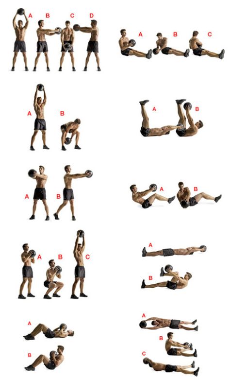 10 exercises 20 reps each. (1) Big Circles (2) Woodchopper (3) Standing Russian Twist (4) Squat to Press (5) Sit up  (6) Rock Solo - put ball down on one side and pick up on the other side (7) Toe Touch  (8) 45 degree twist (9) Suitcase Crunch (10) Diagonal Crunch                                                                                                                                                     More Medicine Ball Ab Workout, Medicine Ball Abs, Workout Man, Medicine Ball Workout, Ball Workout, Weight Ball, Basketball Workouts, Medicine Ball, Chest Workout