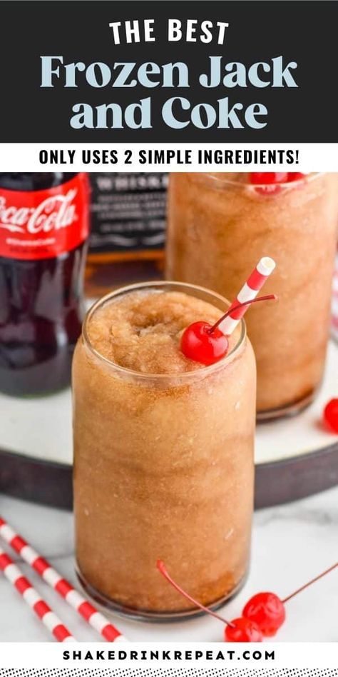 This Frozen Jack and Coke recipe is a simple and caffeinated slushy that whiskey lovers will adore. Made with just two ingredients, you have to try this frozen spin on a cocktail classic! Jack And Coke Recipe, Coke Slushie Recipe, Vodka Slush Recipe, Slushy Alcohol Drinks, Frozen Mixed Drinks, Coke Recipes, Frozen Drinks Alcohol, Slushy Drinks, Slush Recipes