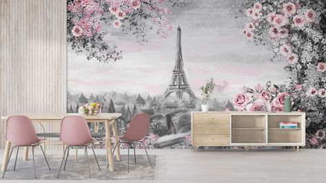 Eiffel Tower Wall Mural, Paris Wall Mural, Bedroom Paris, Flowers Mural, Tropical Colonial, Paris Wall Decor, Bohemian Room Decor, Paris Bedroom, Paris View