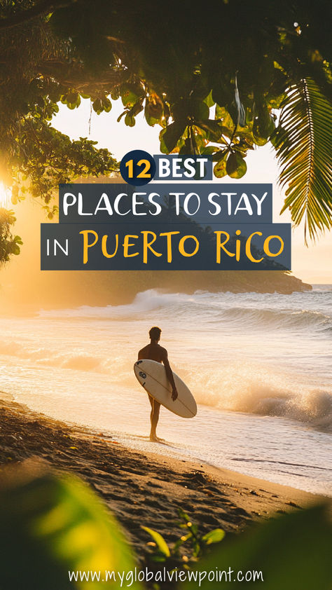 A surfer walking along a tropical beach at sunrise, holding a surfboard with waves crashing gently onto the shore, framed by palm trees and lush greenery, one of the best areas to stay in Puerto Rico. Pictures Of Puerto Rico, Where To Stay Puerto Rico, Jobos Beach Puerto Rico, Yabucoa Puerto Rico, Best Places To Stay In Puerto Rico, Villa Montana Beach Resort Puerto Rico, Puerto Rico Itinerary 5 Days, Where To Stay In Puerto Rico, Ponce Puerto Rico