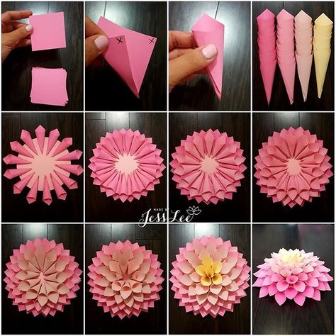 Picture tutorial: 4-tone dahlia with short petals. This flower is fun to play with different colour combinations - see last picture. Paper Flowers Diy Easy, Hadiah Diy, Paper Flower Wreaths, Paper Dahlia, Diy Flores, Easy Paper Flowers, Paper Flower Template, Paper Flowers Craft, Diy Crafts Paper Flowers