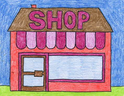 Here is a very simple plan for drawing a shop, which students can customize to their liking. Pets, candy, clothes, toys, etc. I love the version that this little first grader named Clara did. • View and download Draw a Shop Tutorial Lighthouse Coloring, Draw Buildings, Kindergarten Drawing, Awesome Drawing Ideas, Art Haus, Cool Drawing Ideas, Shop Drawing, Drawing Kids, Awesome Drawing