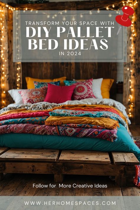 A beautifully designed DIY pallet bed featuring a unique bed frame and headboard, showcasing creative and stylish solutions for transforming your space. Milk Crate Bed Frame Queen, Pallet King Bed Frame Easy Diy, Pallet Daybed Diy, Palette Daybed, Queen Size Pallet Bed Frame Diy, Diy Wood Bed Frame, Palette Bed Frame, Diy Pallet Bed Ideas, Diy Queen Bed Frame