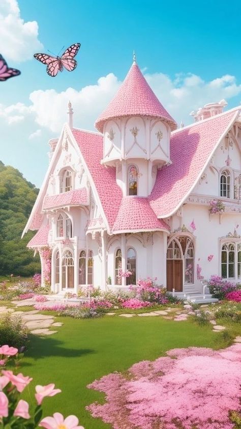 White And Pink House, Hyperrealistic Portrait, Fairy Tale House, Paradise House, House In The Countryside, Luxury Ceiling Design, White And Pink Flowers, House Plan With Loft, Fairytale House