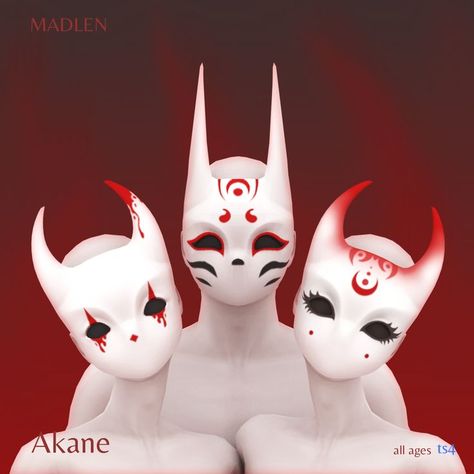 Akane Halloween Masks Another Halloween addition for your simmies! Inspired by some occult japanese masks with a little dark twist. Available to all ages and genders! Two different models and three different textures! ~found under "glasses"~ Sims 4 Anime, Japanese Mask, The Sims 4 Packs, Sims 4 Body Mods, Sims 4 Cc Skin, Sims 4 Dresses, Sims 4 Characters, Sims4 Clothes, Sims 4 Cc Packs