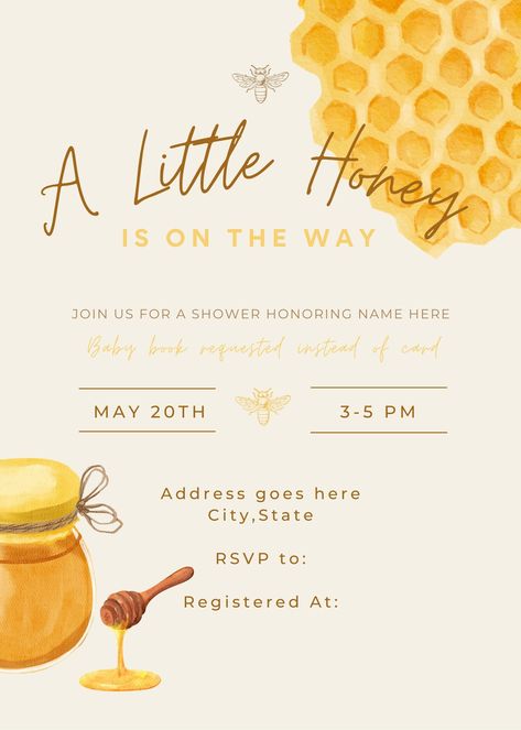 A sweet honey bee baby shower invitation. Easily personalized. Honey Bee Baby Shower Theme, Honey Bee Baby Shower Invitations, Bee Baby Shower Invitations, Bee Invitations, Honey Bee Baby Shower, Baby Shower Announcement, Sweet Baby Names, Baby Shower Theme Decorations, Bee Baby Shower Theme