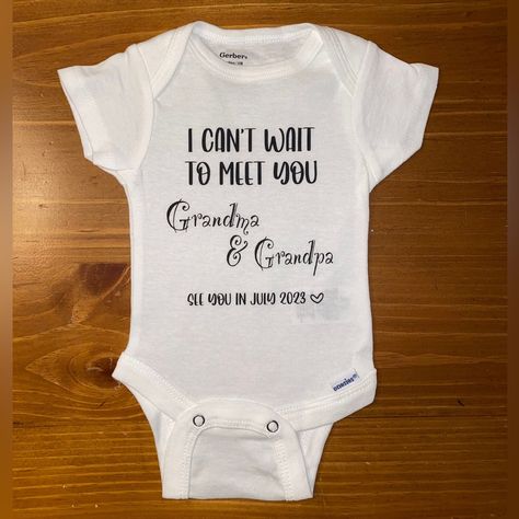 Pregnancy Announcement Newborn Gerber Onesie. Message Me Your Pregnancy Due Date For Personalization When Or After You Place Your Order. Onesies Are Made To Order! Short Sleeve Super Soft 100% Cotton With Snap Button Closure. Made With Professional Htv. All Items Are Final Sale But Please Contact Me If There Are Any Issues! Care Instructions:Wash Inside Out With Delicate Cycletumble Dry Low.Do Not Iron Decoration.Do Not Dry Clean.Live Creative By Ak Onsie Announcement Pregnancy, Baby Announcement Onsies Ideas, Great Grandparents Announcement, Baby Announcement For Grandparents, Baby Onesie Announcement, Pregnancy Announcement For Grandparents, Pregnancy Announcement To Grandparents, Baby Onies, Baby Announcement Grandparents