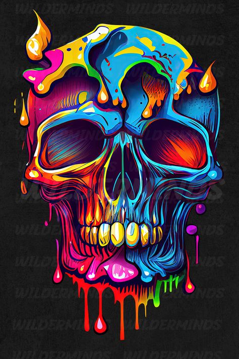 the image is showing a colorful skull with dripping paint. Colorful Skull Art Wallpaper, Skull Illustration Artworks, Cool T Shirt Designs Graphics, Krita Drawing, Skull Dripping, Graphic Design Examples, Pop Art Skull, Creepy Clown Pictures, Skull Artwork Illustrations