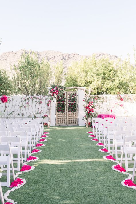 Roxanne and Brandon's El Chorro Wedding - Arizona florist Phoenix scottsdale Mesa chandler Sedona Prescott - Ceremony Decor Inspiration with Blush and Hot Pink Flowers Petal Aisle, Rose Petal Aisle, Ceremony Arches, Wedding Arizona, Hot Pink Weddings, Hot Pink Flowers, Arch Flowers, Wedding Venue Decorations, Venue Decor