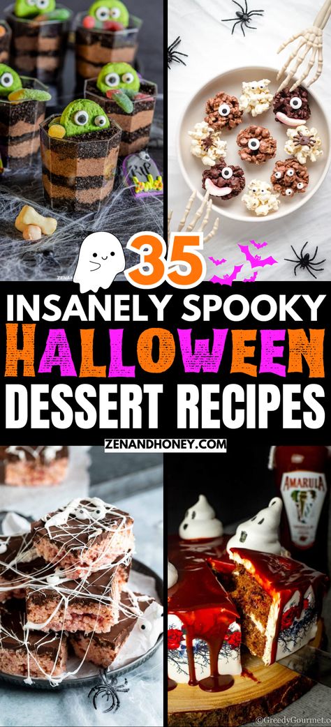 If you're throwing a Halloween party and need some cute spooky desserts, here's a list of 35 easy Halloween dessert recipes that will give your guests chills! Spooky Halloween Sweets, Halloween Dinner Party Desserts, Halloween Dessert Party, Halloween Sweet Table Ideas, Easy Halloween Deserts Simple, Halloween Party Food Ideas Desserts, Spider Desserts Halloween, Halloween Desert Ideas Easy, Halloween Desserts For Potluck