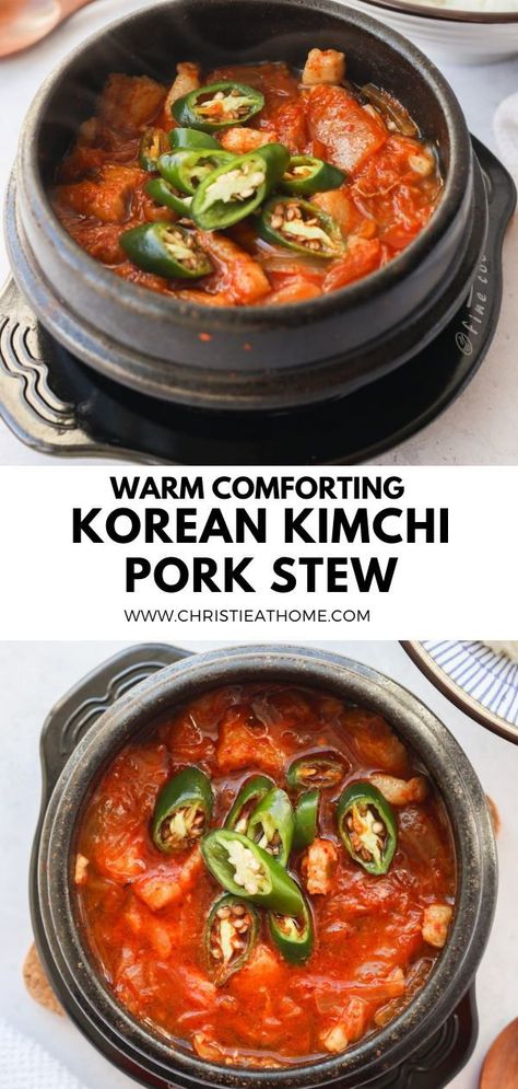 30-min. Pork Kimchi Stew aka Kimchi Jjigae. A comforting, warm and delicious pork stew in a kimchi broth. Pairs wonderfully with steamed rice. Perfect for dinner or lunch. Easy to make in just one pot with minimal ingredients. Recipe: https://christieathome.com/blog/pork-kimchi-stew/ tags: what to eat with kimchi, kimchi meals, kimchi jjigae recipe, easy korean recipes, kimchi jjigae aesthetic Kimchee Jigae Recipe, Kimchi Jigae Recipe Pork, Ways To Use Kimchi, Kimchi Meals, Kimchi Jigae Recipe, Kimchi Jjigae Recipe, Korean Hot Dog Recipe, Kimchi Soup Recipe, Kimchi Stew Recipe