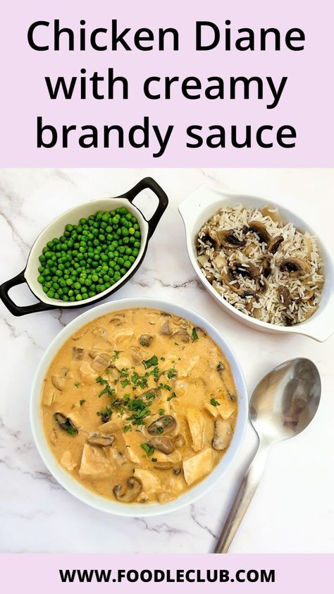 Who says Diane sauce only belongs on steak? let me introduce you to Chicken Diane for an absolute taste explosion! Juicy chicken pieces cooked with mushrooms in a creamy brandy-infused sauce. This simple dish is packed with flavour but only takes minutes to prepare. Perfect for a weeknight supper when you want to treat the family to something different. #foodleclub #homemade #chickendiane #easysuppers #chickeninbrandysauce #easychickenmeals #chickenaladiane Chicken With Brandy Cream Sauce, Creamy Chicken Diane, Chicken Mushroom Wine Sauce, Chicken And Mushroom Fricassee, Chicken Mushroom White Wine Sauce, Diane Sauce, Brandy Sauce, Poached Chicken, Mushroom And Onions