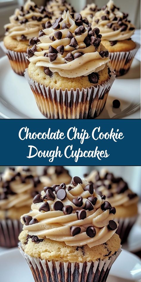 These Chocolate Chip Cookie Dough Cupcakes are a dream come true for cookie dough lovers! Featuring a moist vanilla cupcake stuffed with edible cookie dough and topped with a rich cookie dough-flavored buttercream, these cupcakes are the perfect combination of two classic desserts. Flavored Buttercream, Chocolate Chip Cookie Dough Cupcakes, Moist Vanilla Cupcakes, Cookie Dough Cupcakes, Cookie Dough Frosting, Edible Cookie Dough, Food Decorations, Chocolate Chip Cookie Dough, Classic Desserts