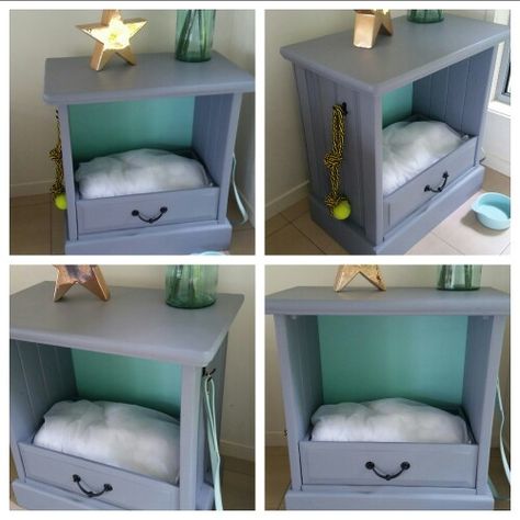 Bedside Table Cat Bed, Dresser Remodel, Backyard Dog Area, Recycled Diy, Diy Cat Bed, Cats Sleeping, Box Room, Diy Cat Tree, Cat House Diy