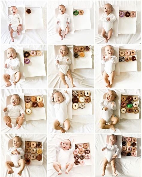 Unique Monthly Milestone Ideas, Baby Monthly Picture Ideas, Donut Monthly Milestone Pictures, Donut Milestone Pictures, Monthly Baby Milestones Photo Ideas, Newborn Milestones Monthly, Milestones For Babies Monthly Pictures, Baby Milestones Photo Ideas, Monthly Photoshoot Ideas For Baby