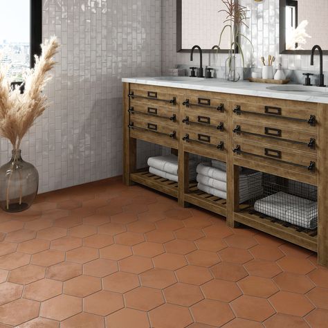 Moroccan Concrete - Terra Cotta Terra Cotta Bathroom, Virginia Tile, Tiles Price, Hexagonal Mosaic, Tile Companies, Hexagon Tiles, Terracotta Tiles, Color Tones, Shower Floor