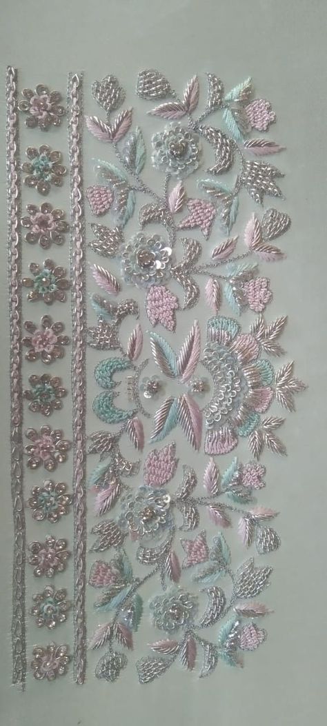 embroidery ideas Floral Zardosi Embroidery, Hand Zari Embroidery Designs, Embroidery Khakha Designs, Khakha Designs Embroidery Patterns, Trending Embroidery Designs, Embroidery On Printed Suits, Belause Degine, Zari Work Embroidery Design Suits, Beeds Work On Dress