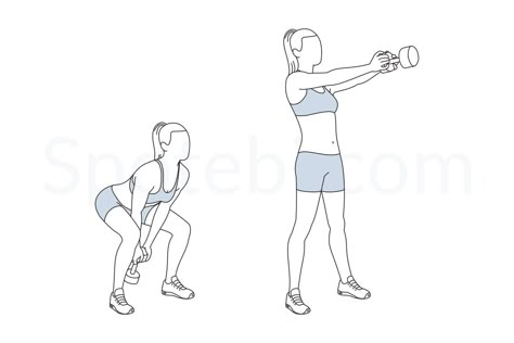 Dumbbell swing exercise guide with instructions, demonstration, calories burned and muscles worked. Learn proper form, discover all health benefits and choose a workout. https://www.spotebi.com/exercise-guide/dumbbell-swing/ Trx Gym, Exercise Illustration, Hip Flexor Exercises, Push Workout, Workout Challenges, Dumbell Workout, Back Fat Workout, Side Kick, Kettlebell Training