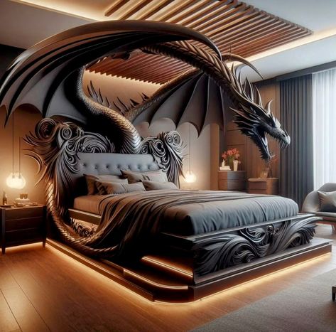 Dragon Themed Bedroom, Fantasy Beds, Diy Bed Frame Plans, Bed Frame Plans, Dream Bedroom Inspiration, Homes Inside, Fantasy Furniture, Unique Furniture Design, Metal Puzzles